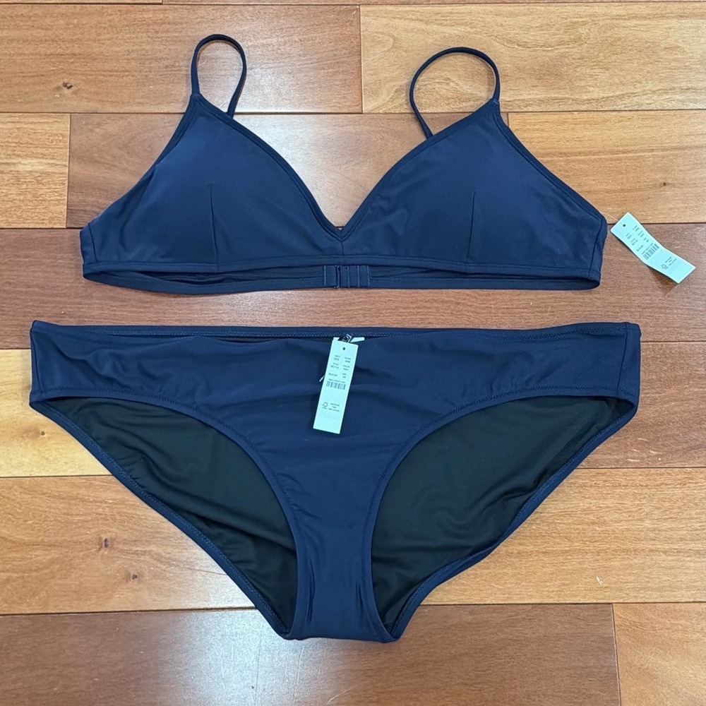 NWT J.Crew Bikini Set Women Navy Blue Recycled Triangle Top Bottoms 3X